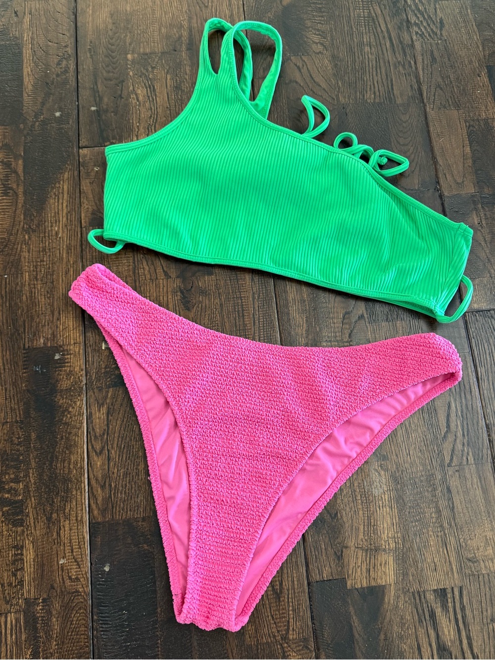PAC Sun Green One-Shoulder Bikini Top with Pink Bikini Bottom Size L